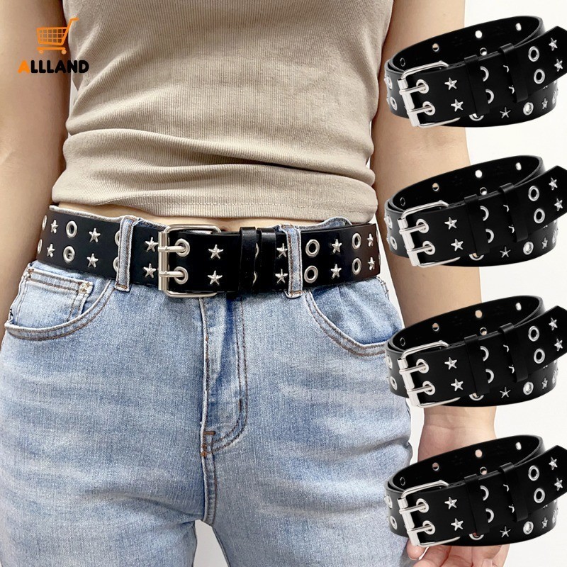 Y2k Double Star Round Rivet Belt - ปรับ PU หนัง Punk เข็มขัดเอว - Unisex Retro เข็มขัดโลหะสีดําสําหรับกางเกงยีนส์