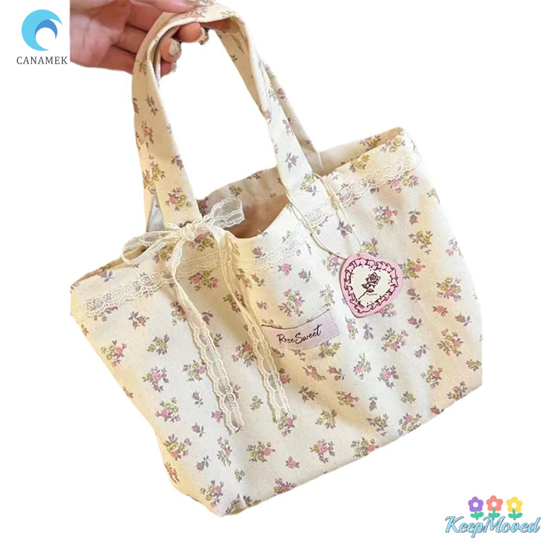 Keepmoved ความจุขนาดใหญ่ Fragmented ดอกไม้รูปแบบ Tote กระเป๋าแฟชั่นหวานลูกไม้ Bow Storage กระเป๋าถือผ้าใบกระเป๋าถือใหม่