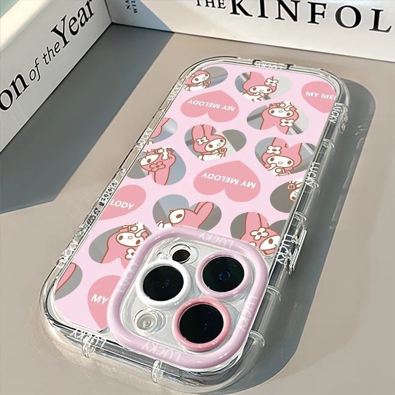 สีชมพูหัวใจรักเมโลดี้น่ารัก สร้อยข้อมือกระจกแต่งหน้า เคสIPhone 16 11 15 13 14 12 Pro Max 14 7 15 8 Plus XR X XS Max SE