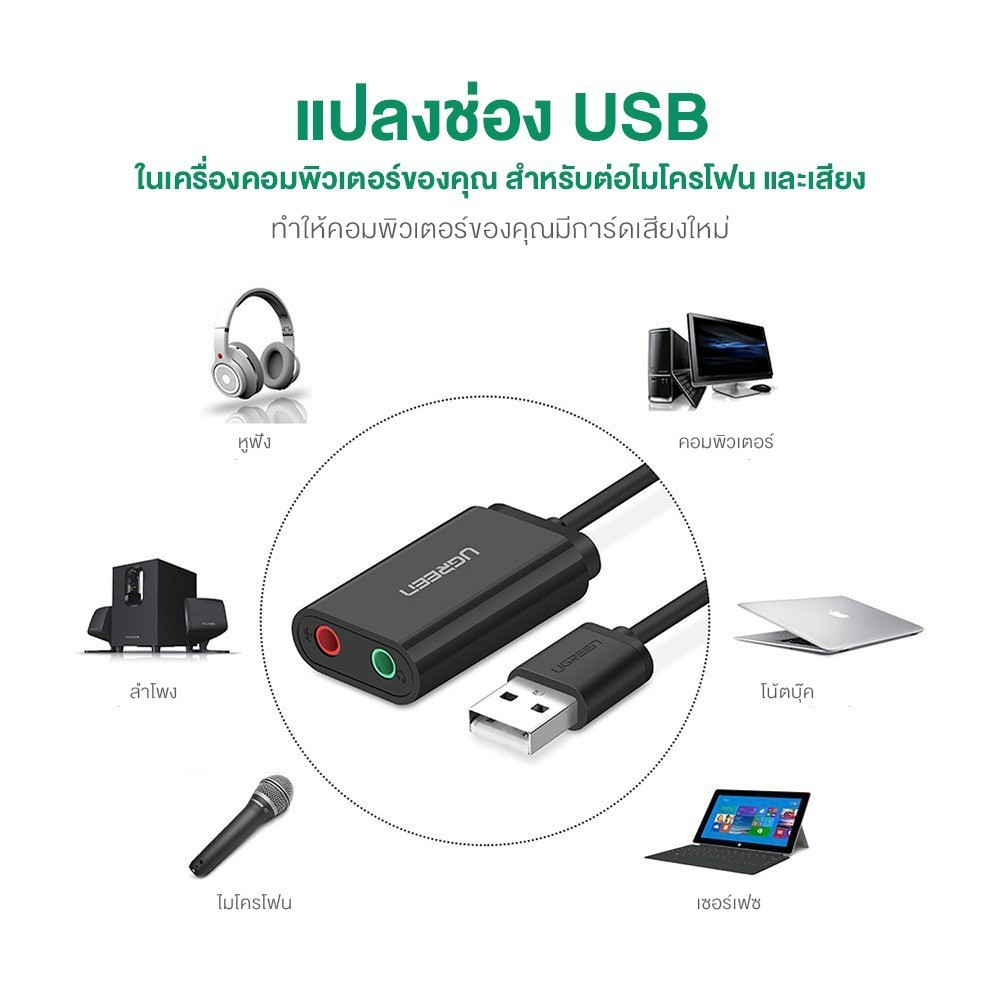 UGREEN รุ่น 30724 การ์ดเสียง Sound Card AUX 3.5mm แปลงสัญญาณเสียงและไมโครโฟน - รูปที่ 2