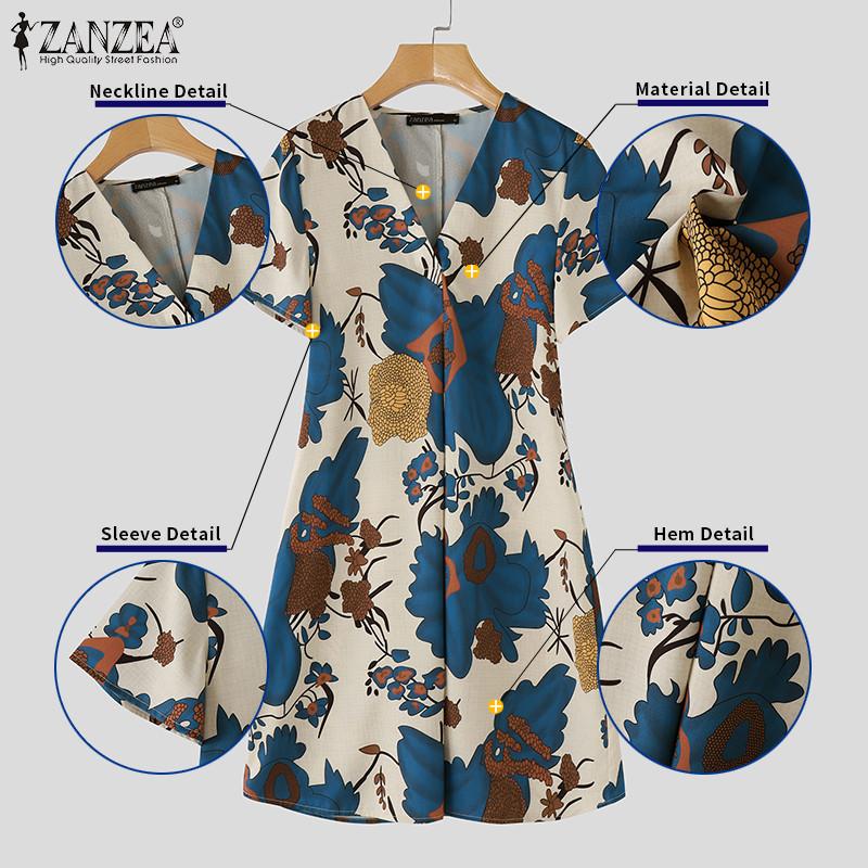 Zanzea ชุดเดรสแขนสั้นคอวีลําลองเกาหลีสําหรับผู้หญิง - รูปที่ 5