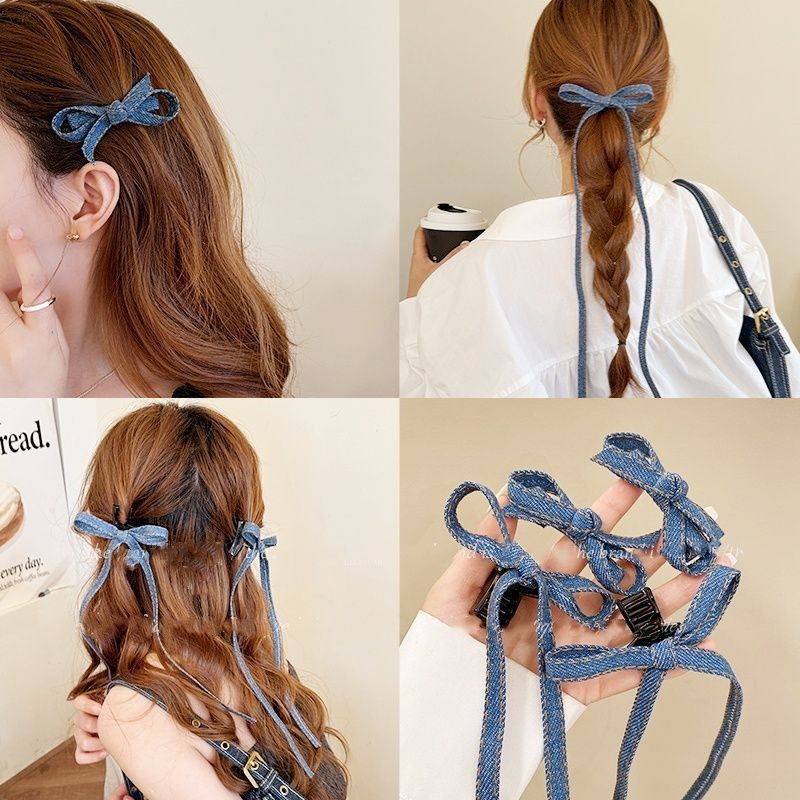 Retro Denim กิ๊บติดผมโบว์สีฟ้าสไตล์ใหม่ Headdress High-End สาว Bangs คลิปขายส่ง