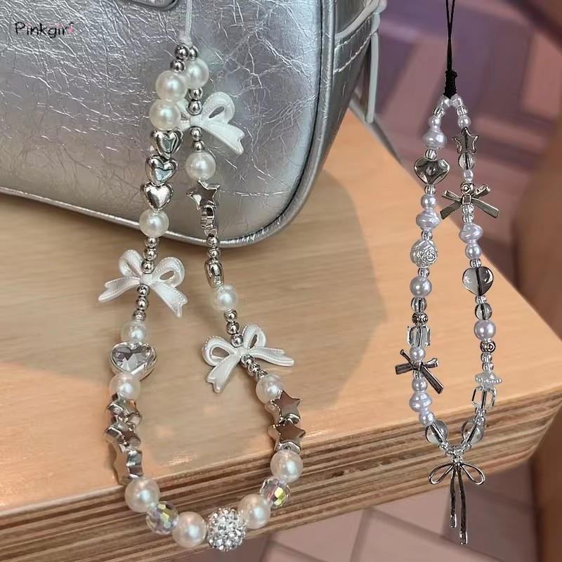 Y2k Sweet Star Bow Love Heart Beaded Keycain โทรศัพท์น่ารัก Charm Chain สาวน่ารักกระเป๋าสายคล้อง Lanyard Decor ของขวัญ