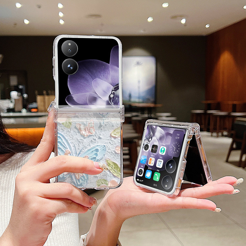 สําหรับ Xiaomi Mix Flip ภาพวาดสีน้ํามันนูนดอกไม้ผีเสื้อป้องกันการตกเคสโทรศัพท์แบบพับได้ที่ทนทาน