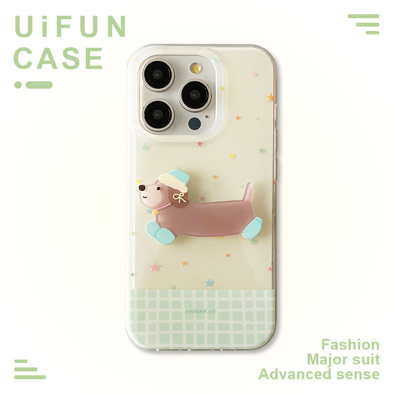 Kawaii 3Dลูกสุนัขสุนัขดาวที่มีสีสันสีเขียวตาข่ายรูปแบบเคสโทรศัพท์เข้ากันได้สําหรับiPhone 15 14 13 12 Pro Max 15Promax IMD Anti-Scratchปลอกมือถือ