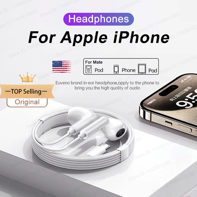 สําหรับ iPhone 15 Pro Max Original หูฟังสําหรับ Apple 6 6S 7 8 14 13 12 11 X XS USB-C Lightning หูฟั