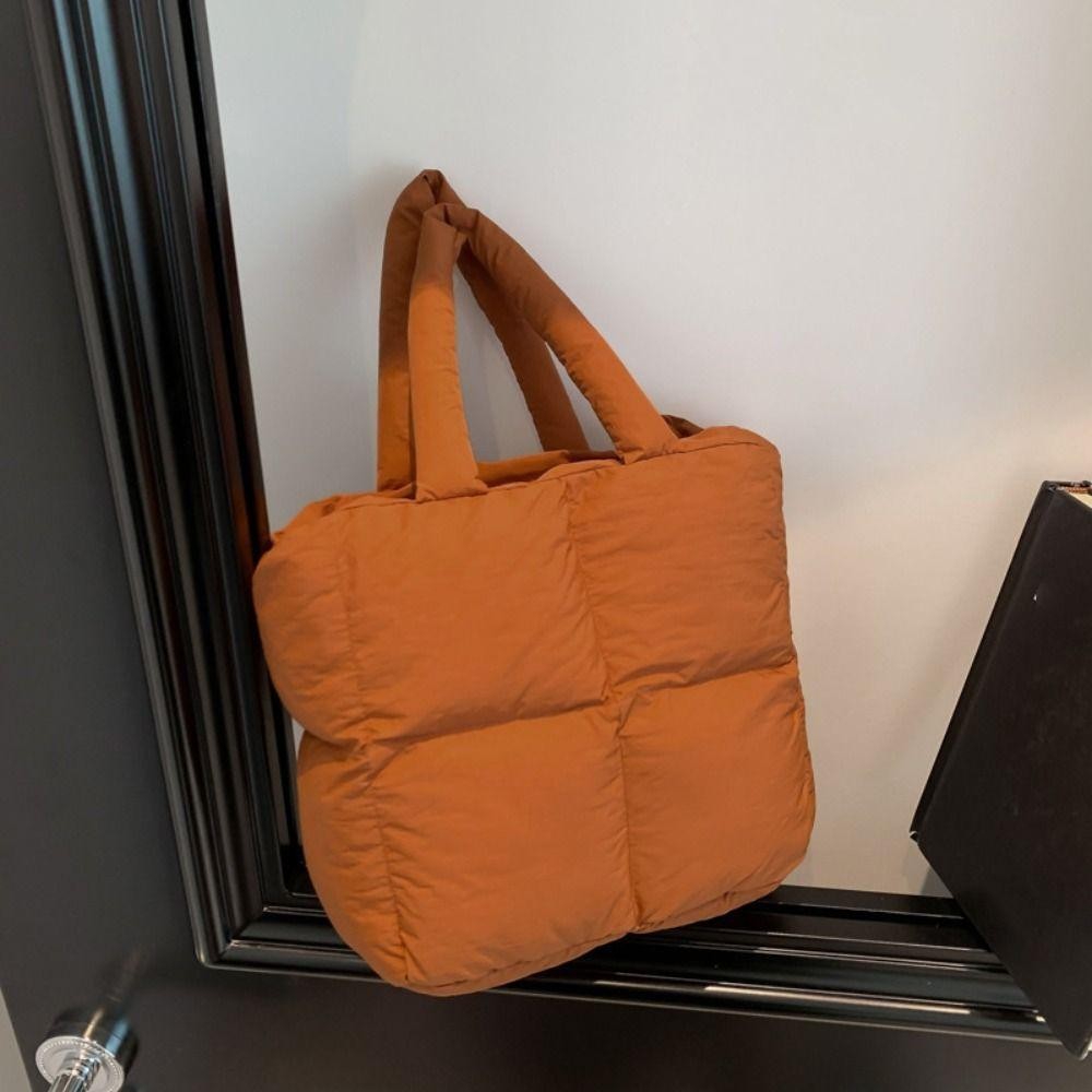 Lfinds Space Cotton กระเป๋าถือ, สีทึบไนลอน Cloud Tote Bag, แฟชั่นเบาะความจุขนาดใหญ่ Handle Puffy กระเป๋าสะพายทุกวัน