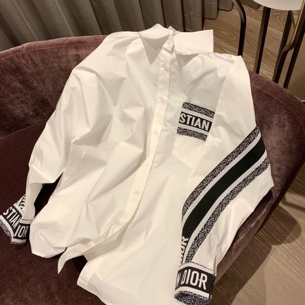 Loose All-Match White Shirt Niche High-End Fashion Brand Stitching Long Sleeve Fashion Striped Coat High Street TopPolo