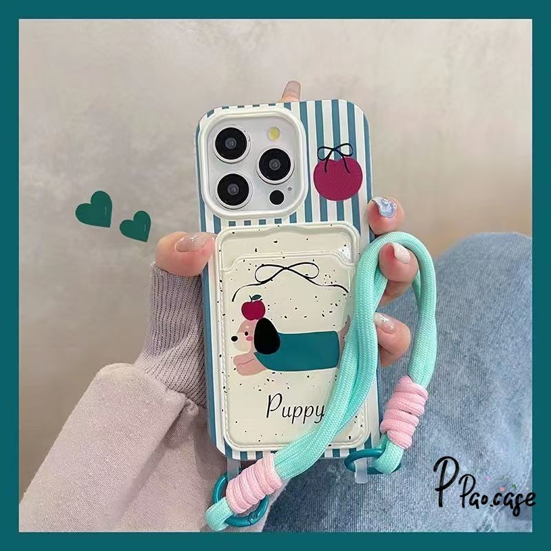 ลูกสุนัขน่ารักสองสายคล้องการ์ดกระเป๋าสตางค์เข้ากันได้กับเคสไอโฟน13 11 15 14 12 Pro Max 7 15 8 14 Plus XR X XS Max SE2020