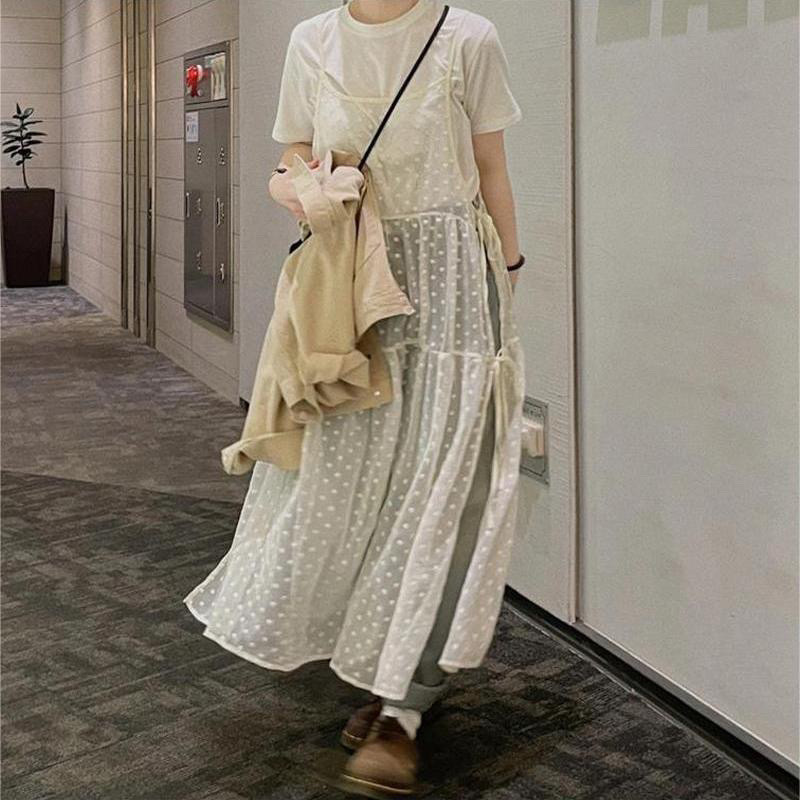 ชุดเดรส สไตล์เกาหลีสวมใส่ในช่วงฤดูร้อนผู้หญิงขนาดใหญ่เสื้อผ้าเสื้อชุดชิ้นเดียวขนาดใหญ่พิเศษ150กิโลกรัมสไตล์เกาหลีอินฤดูใบไม้ผลิซอกออกแบบกลวงลูกไม้ชุดสลิงชุดชั้นว