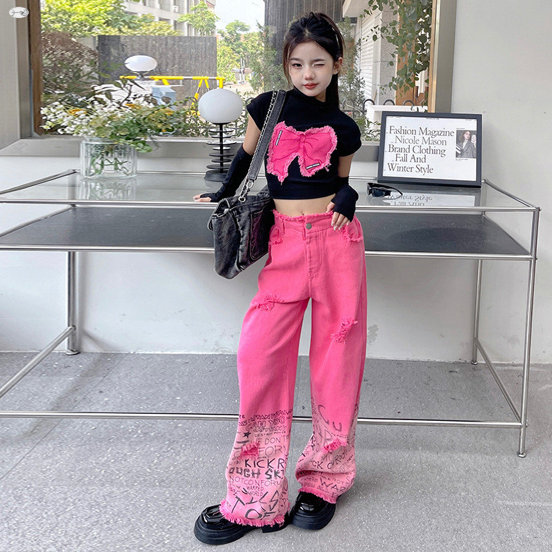 เสื้อผ้าเด็กผู้หญิงฤดูใบไม้ร่วงสั้นโบว์เสื้อยืด + กางเกงยีนส์ไล่โทนสีชุดสองชิ้น 4-15 ปี