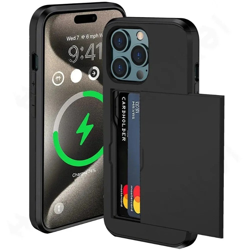 สําหรับ iPhone 17 15 Pro Max 16 15 Plus 14 Pro Max 13 12 11 กระเป๋าสตางค์ผู้ถือบัตรสไลด์สล็อต Slim Hard PC Heavy Duty ฝาครอบป้องกัน