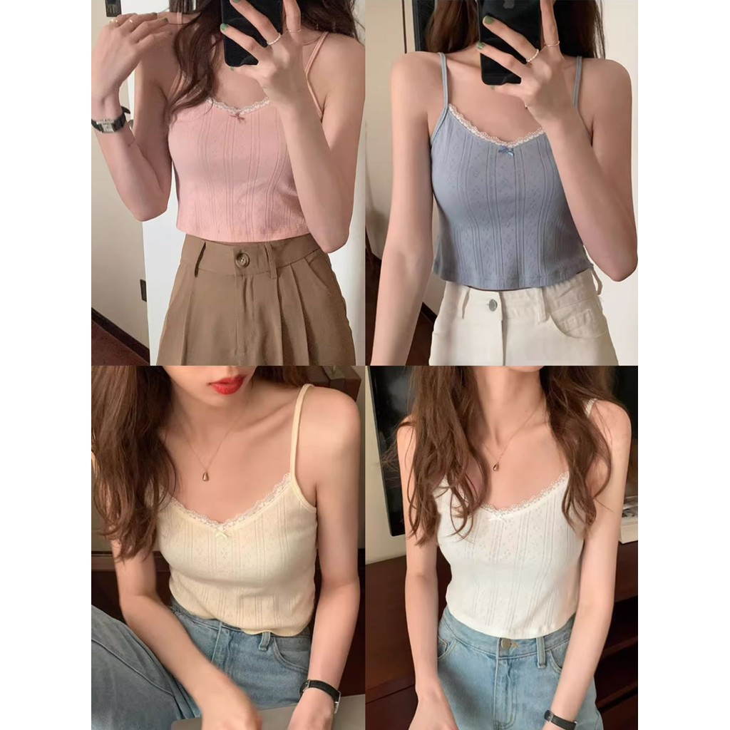 Bonnie เสื้อสายเดี่ยว มีรฟองน้ำ เซ็กซี่ แต่งลูกไม้ แต่งโบว์ เสื้อกล้ามผู้หญิง สไตลเกาหลี ดีเทลสีพาสเทล#FY1042-P