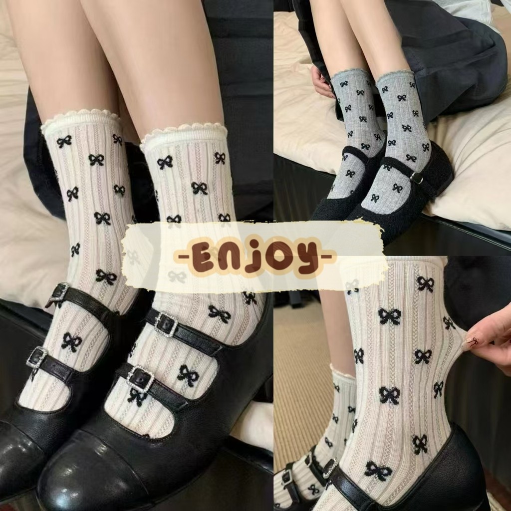 🍓EnJoy🍓 พร้อมส่ง (WZ-BOW) ถุงเท้ากลางหลอด-ผู้หญิง ที่เรียบง่ายน่ารัก ฤดูใบไม้ผลิดีเทลลายโบว์