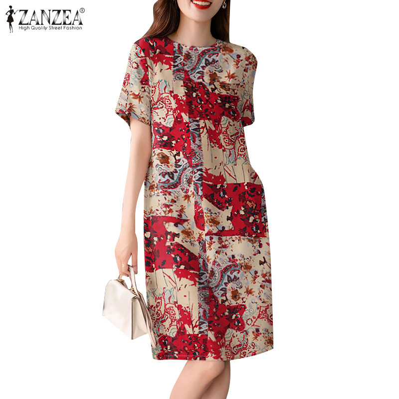 ZANZEA ซานเซีย ผู้หญิงเกาหลีแฟชั่นลูกเรือคอปุ่มการพิมพ์เข่าความยาวชุด