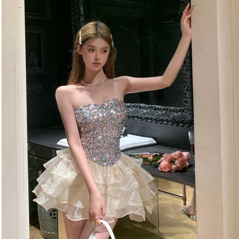 New Hot Girl2024Princess Dress French Style Pettiskirt Tube Top Summer Women's Dress Sequin Gauze Design Sense Waist-Tight