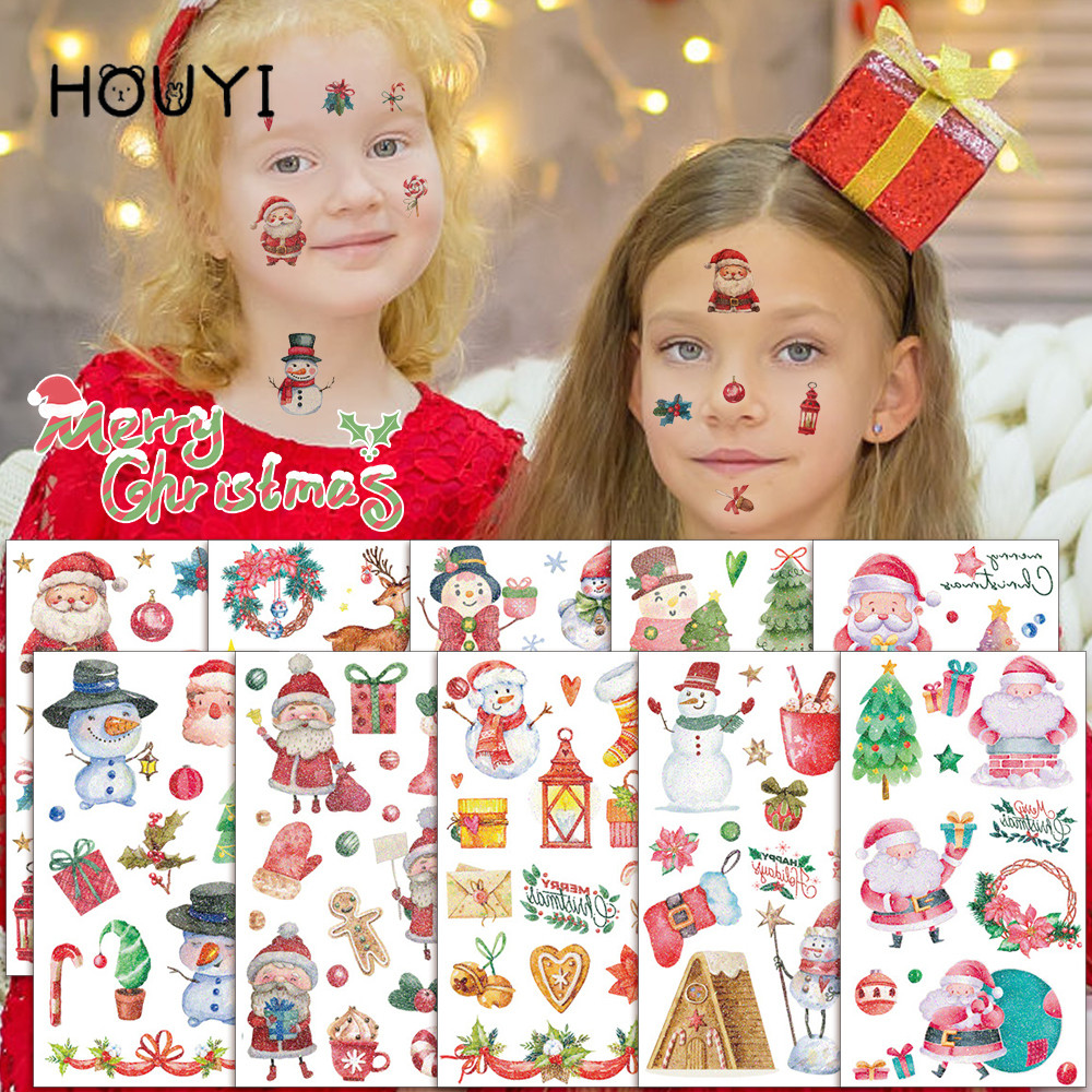 10แผ่นglitter Christmas Tattooสติกเกอร์-การ์ตูนSanta Reindeer SnowmanรูปแบบTATTOO Decals-เด็กกันน้ําชั่วคราวสัก