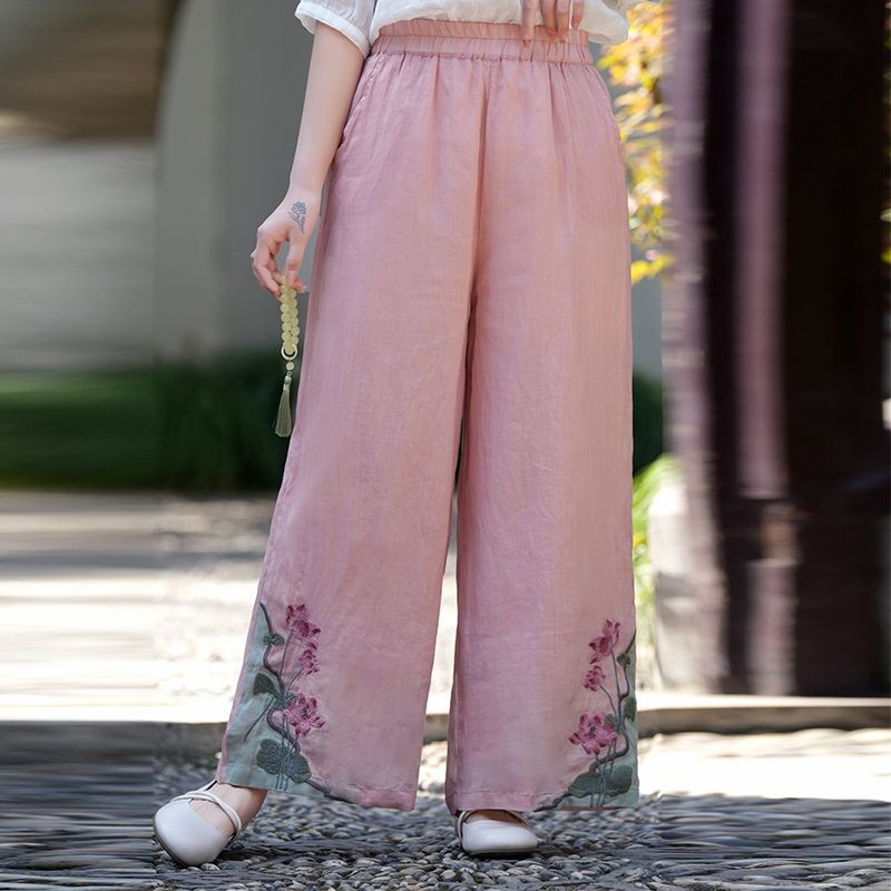 ฤดูร้อนสไตล์ใหม่สไตล์จีนกางเกงสไตล์จีนผู้หญิงยืดหยุ่นปักกางเกงลําลองย้อนยุคกางเกงขากว้างหลวม
