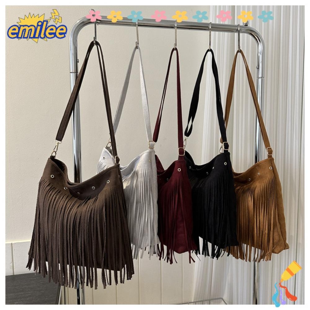 Emilee กระเป๋า Messenger สไตล์ชาติพันธุ์, สีทึบพร้อม Tassels Fringed Leather Shoulder Bag, PU สีทึบกระเป๋าสะพาย