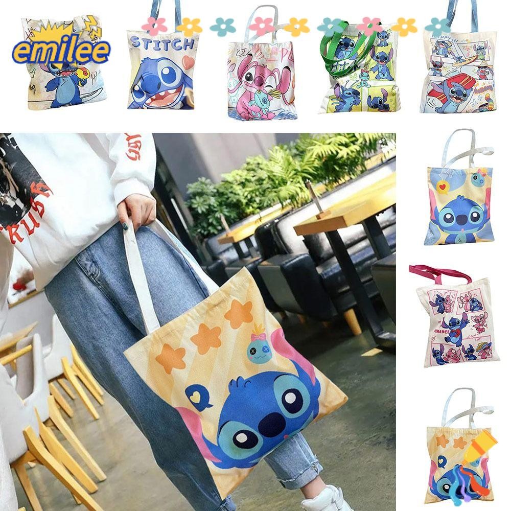 Emilee Tote Bag,ผ้าฝ้ายการ์ตูนCrossbodyกระเป๋า,เครื่องมือแต่งหน้าขนาดใหญ่ความจุReusable Stitch Messengerกระเป๋าสําหรับสาวผู้หญิงLady