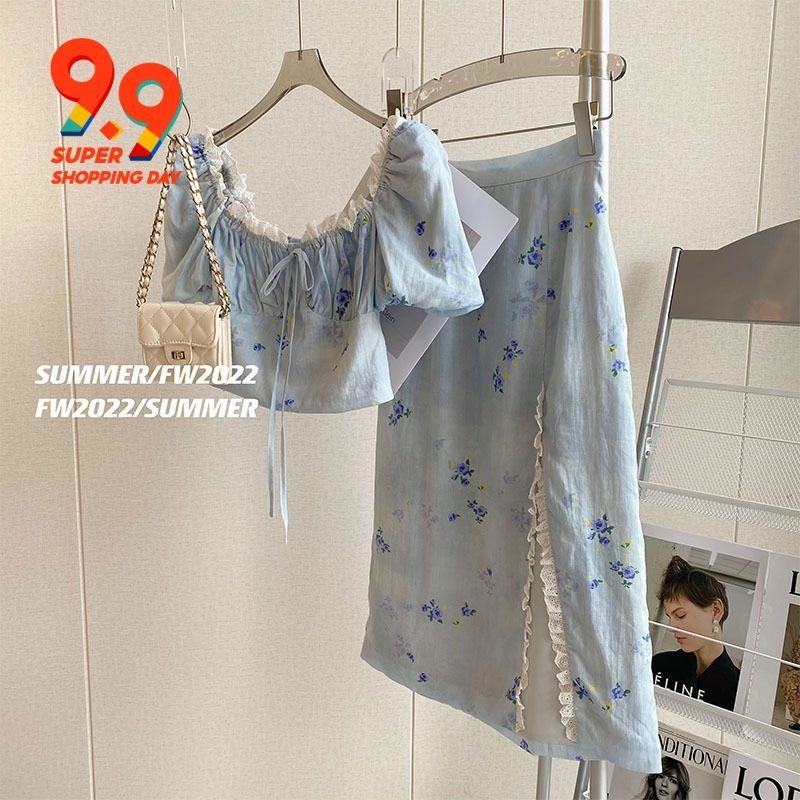 Advanced sense fashion aging salt wear two suits of light ripe style light blue broken flower forked skirt