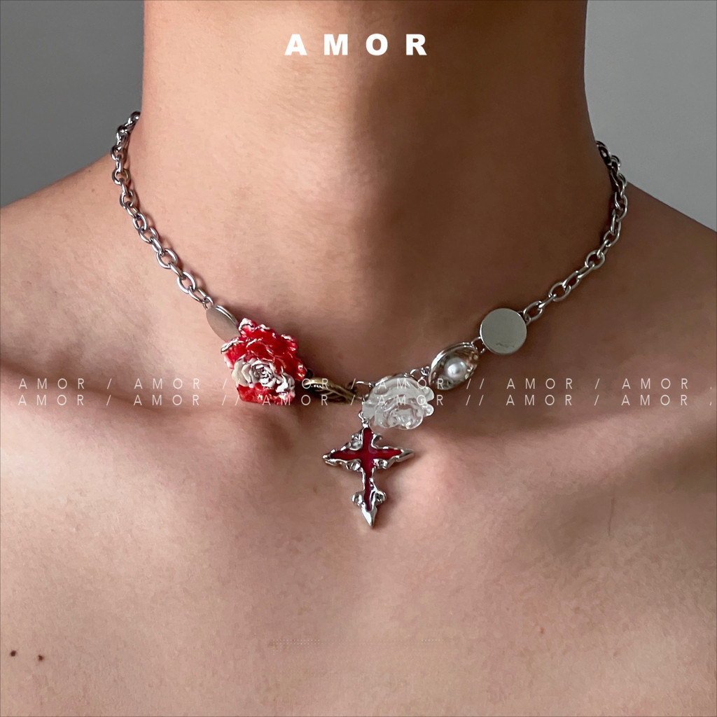 Cross Red Rose Button Necklace Y2K Hip Hop Unisex Choker