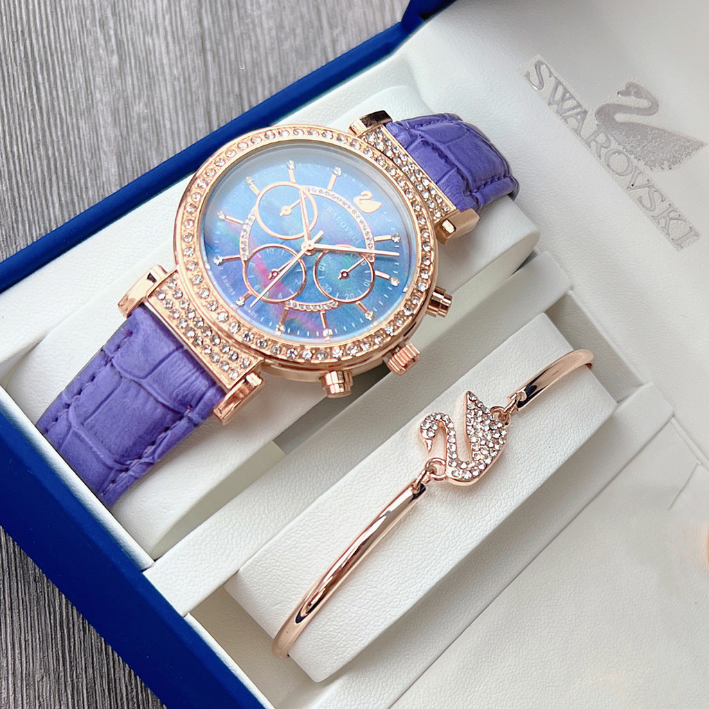 2pcs Swan นาฬิกาชุดหนังผู้หญิง Rhinestones นาฬิกาควอตซ์สําหรับผู้หญิง Jam Tangan Wanita