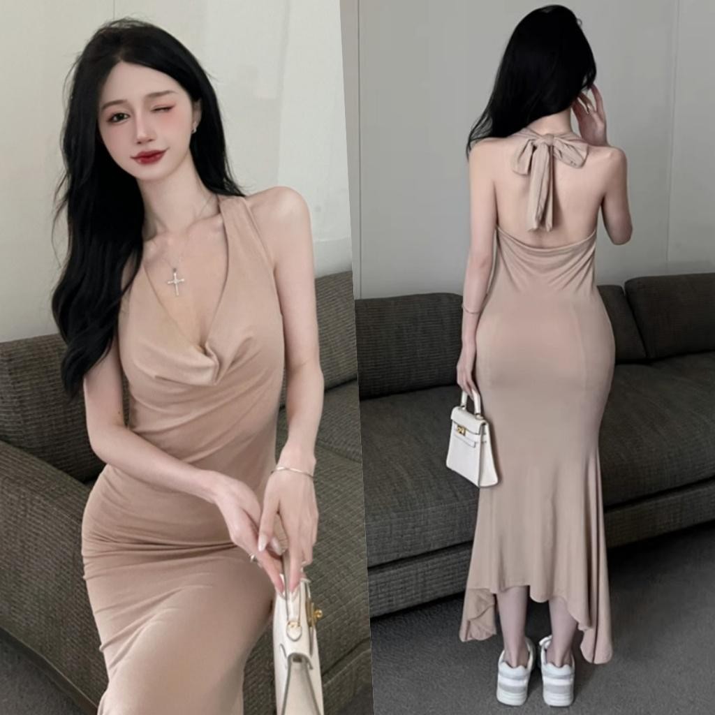 เดรสแขนกุด เปิดไห เรียบหรู ออกงาน เดรสสีชมพู ผู้หญิง ยาว คล้องคอ สีดํา เดรสแขนกุด XXL