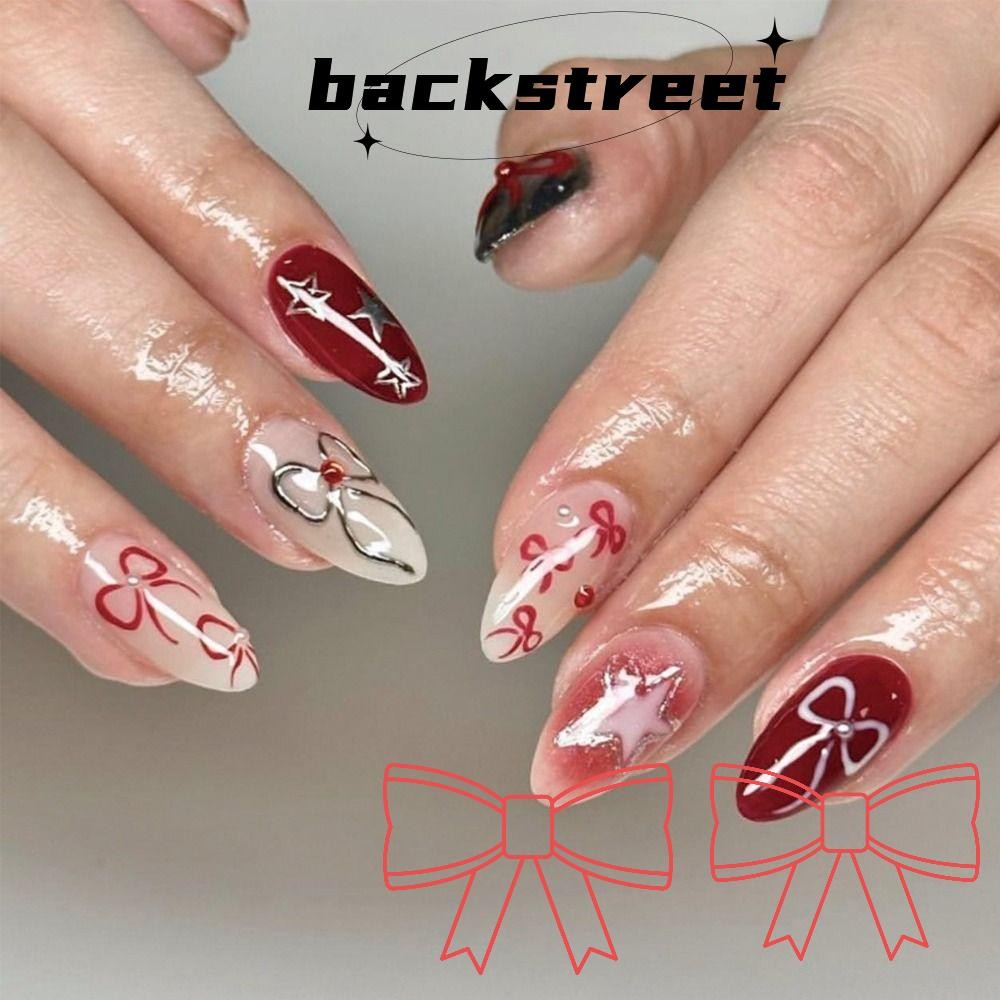 Backstagereat เล็บปลอม, Long Almond French Fake Nials, Nails Star Detachable Elegant Press on Nails Women