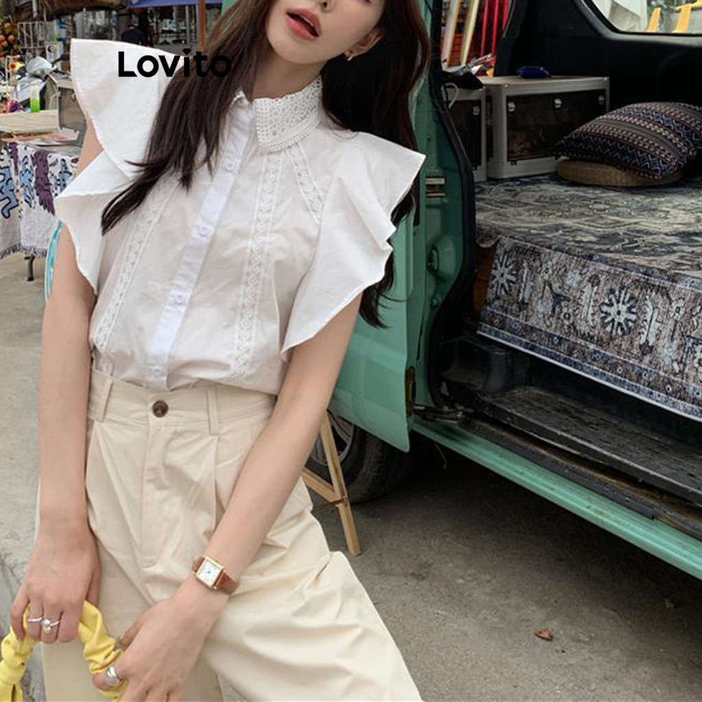 Lovito เสื้อเบลาส์ผู้หญิง แต่งระบาย สีพื้น สไตล์หรูหรา LNE66384