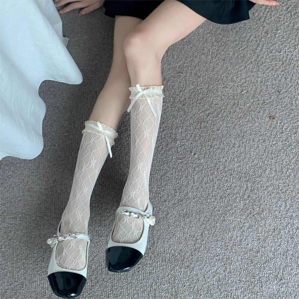 ส่งจากไทย สไตล์เกาหลี ถุงน่องตาข่าย ถุงเท้าลูกไม้ ลายโบว์ ระบายอากาศได้ โลลิต้า