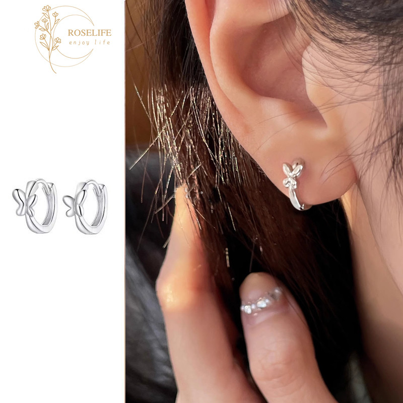 Roselife เกาหลี S925 เงิน Mini ต่างหูห่วงผีเสื้อสําหรับผู้หญิงสาว Hypoallergenic รอบหูเครื่องประดับอุปกรณ์เสริม
