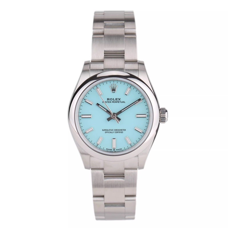 Rolex Oyster สไตล์ถาวร Turquoise Blue 31 นาฬิกากระจกนาฬิกากลไกอัตโนมัติผู้หญิงที่ไม่ได้ใช้งาน