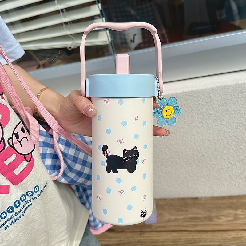 【LUCKY】ถ้วยเก็บความร้อนสแตนเลส 316 ความจุขนาดใหญ่พกพามีหูหิ้วถ้วยฟางพร้อมกล่องกรองชาแก้วน้ำเก็บความเย็น 600ml