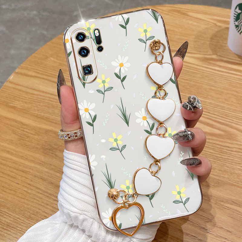 ปลอกสําหรับ Huawei P20 P30 P40 P50 P60 Pro P20 P30 Lite Nova 3e 4e ดอกไม้ขนาดเล็กElectroplating Anti Dropเคสโทรศัพท์พร้อมรักสร้อยข้อมือฝาครอบป้องกัน