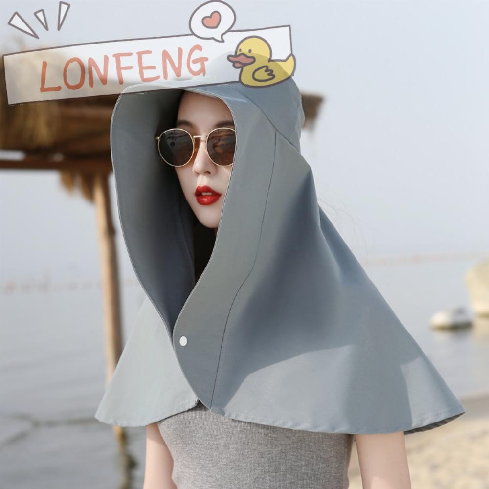 Lonfeng หมวกกันแดด, ผ้าคลุมไหล่คอ, หมวกชาวประมงปีกใหญ่, ผ้าคลุมป้องกันรังสียูวีพร้อมหมวกป้องกันแสงแดดปุ่มสแน็ปของขวัญ