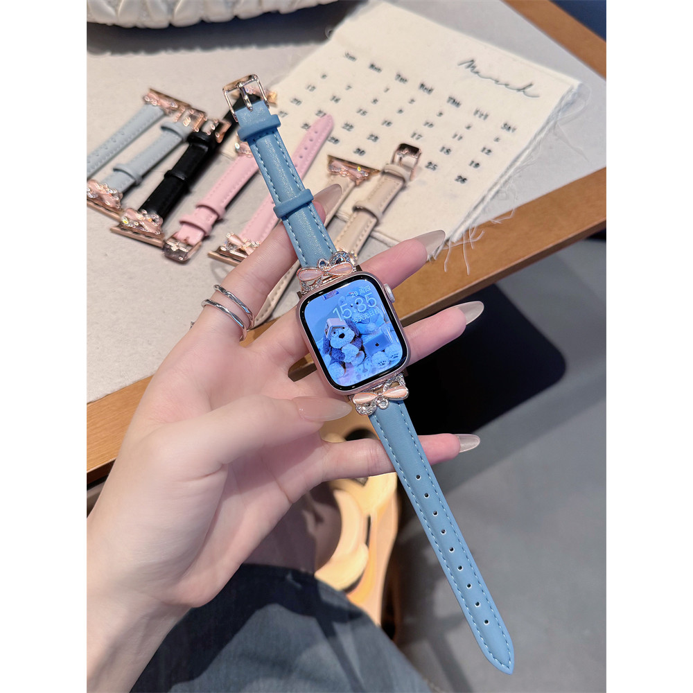 (5 สี) Bow Studded Diamond Leather Band สําหรับ I-Watch Strap Series 10 46 มม.42 มม.38/40/41/44/45/49 มม.Correa SmartWatch Band Ultra 2 9 8 7 6 5 SE 4 3 1 สายรัดข้อมือ Accessorie