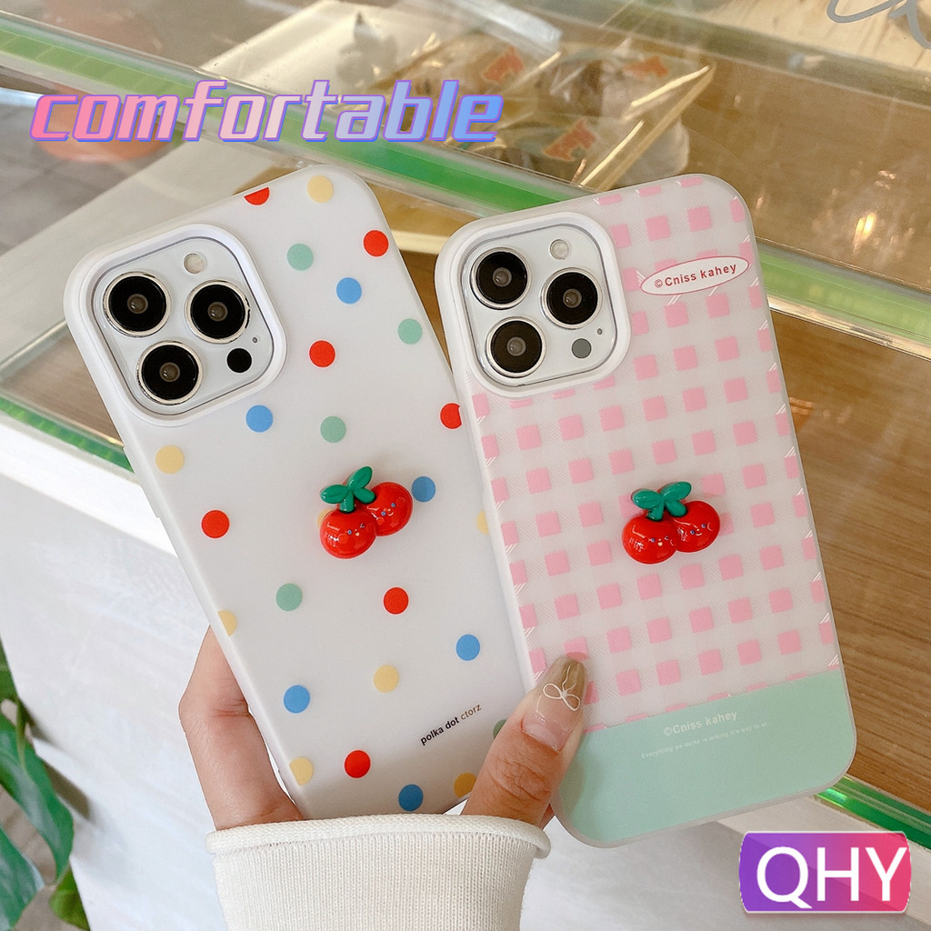 Qhy - ใหม่ 2 in 1 Skin sensation ที่ไม่ซ้ํากัน 3D เชอร์รี่จุดน่ารักตาข่ายเคสโทรศัพท์เข้ากันได้สําหรับ iphone 16 15 14 11 12 13 pro max ป้องกันการลื่นไถลกันเหงื่อ