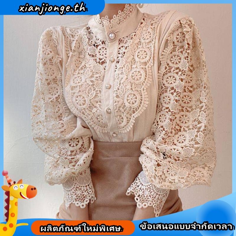 เสื้อเชิ้ตแขนยาวลําลอง แต่งกระดุม พิมพ์ลายลูกไม้ หรูหรา แฟชั่นฤดูใบไม้ผลิ และฤดูใบไม้ร่วง สําหรับผู้หญิง 2023
