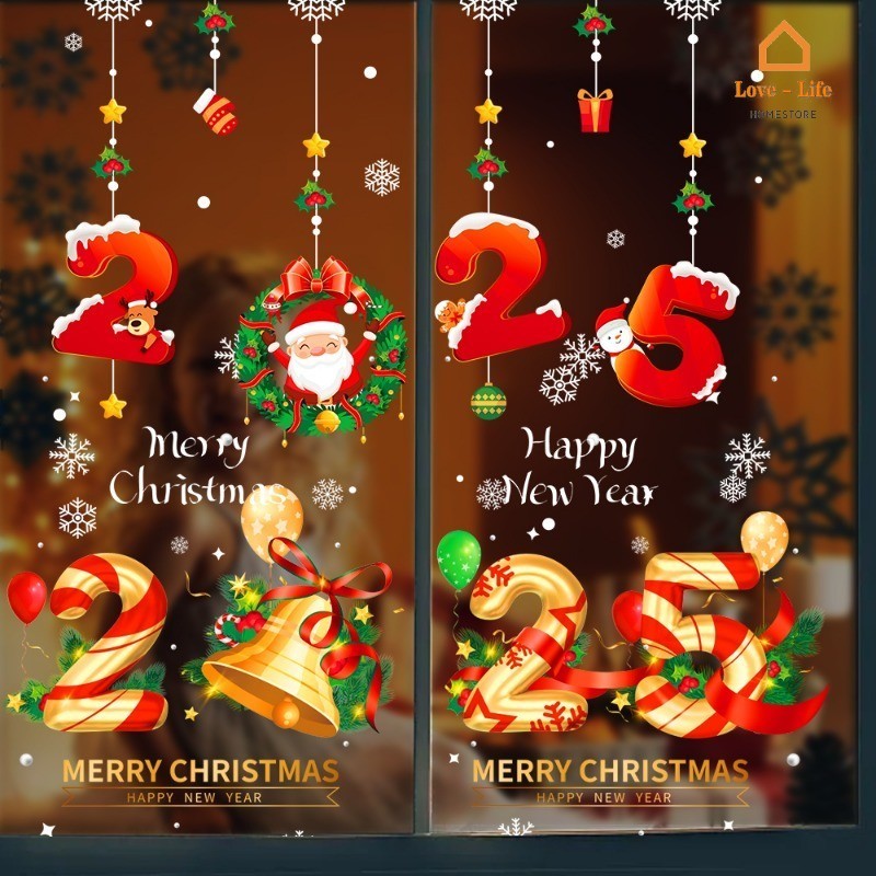 คริสต์มาส Santa Claus Elk Bell รูปแบบสติ๊กเกอร์ติดผนัง - 2025 Happy New Year Static Glass Decal - Xmas Home Store สติกเกอร์ตกแต่งหน้าต่าง