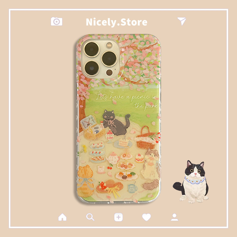 การ์ตูนดอกไม้เค้กแมวกลีบ Matte เคสโทรศัพท์สําหรับ iPhone 16 15 14 13 12 Pro Max iPhone15 IMD Shock Proof ฝาหลังปลอก