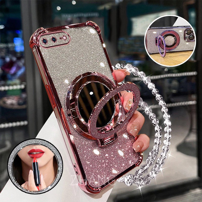 กันกระแทกเคสสําหรับ iPhone 6 7 8 6S plus เคสโทรศัพท์ 3D ที่วางกระจกแต่งหน้าสร้อยข้อมือใหม่ softcase