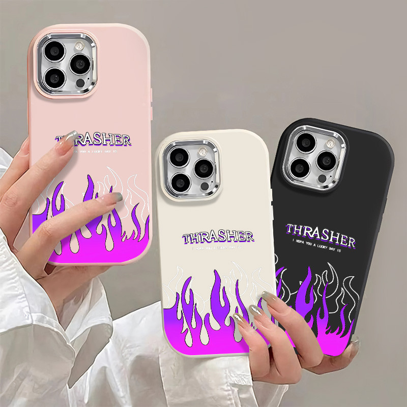 Creative เปลวไฟสีม่วงตัวอักษรภาษาอังกฤษเหมาะสําหรับ iPhone กรณีกลับรูปแบบ 11/12/13/14/15/16 Pro Max7/8 Plus XSMAX SE2020 X XR ฝาครอบด้านหลังกล้องป้องกัน Matte