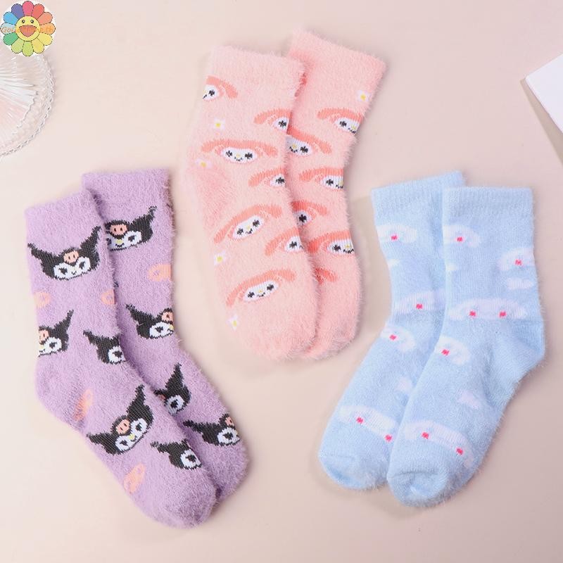Gogo 1 คู่ Sanrio Cinnamoroll Plush ถุงเท้า Kuromi My Melody เด็กสาวถุงเท้าหลอดกลางถุงเท้าลูกวัวถุงเท้านักเรียน TH