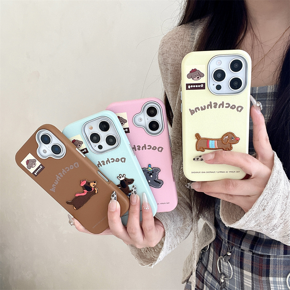 ใช้งานร่วมกับสําหรับ iPhone 15 14 13 12 16 Pro Max 15promax เคสโทรศัพท์ 3D DIY น่ารักปักสุนัขหนังนุ่ม 3-in-1 Anti fall ฝาครอบโทรศัพท์