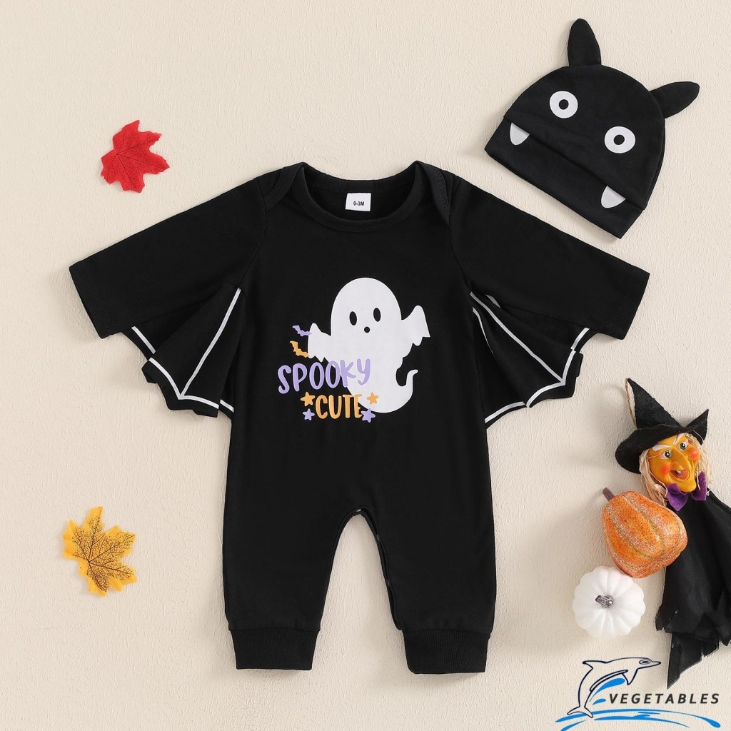 Zhy-เด็กทารกเสื้อ Rompers เสื้อผ้าฮาโลวีนค้างคาว Wing Smile Face/Letter Ghost พิมพ์แขนยาวทารกชุดบอดี