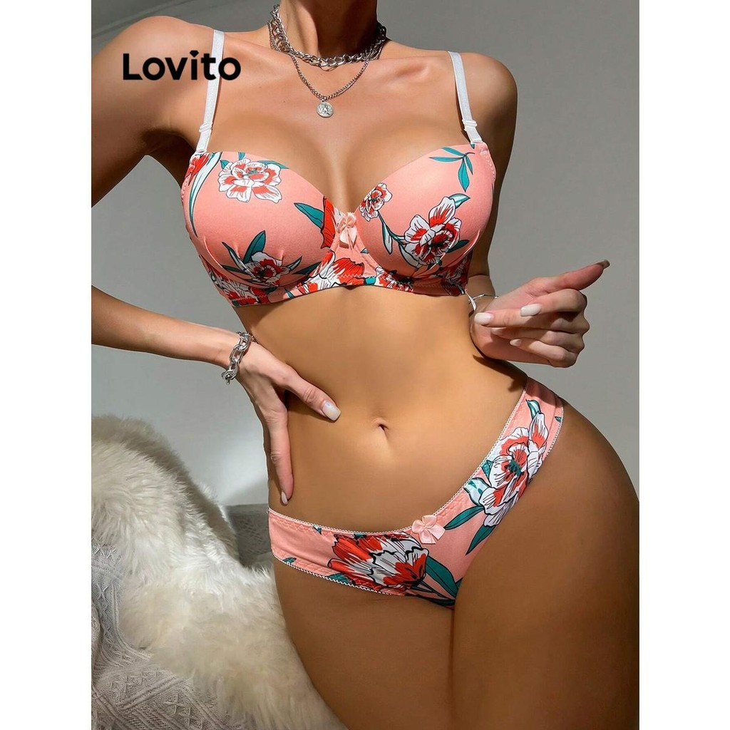 Lovito ชุดชั้นในผู้หญิง สีพื้น แบบพิมพ์ลาย สไตล์ลำลอง LNL60124