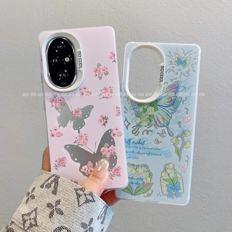 เคส Honor 200 Pro เคส Honor 200 5G เคสการ์ตูนน่ารักผีเสื้อดอกไม้กันกระแทกกรณีเคลือบแข็งหรูหราชุบโทรศัพท์สําหรับสาวนักเรียนผู้หญิง