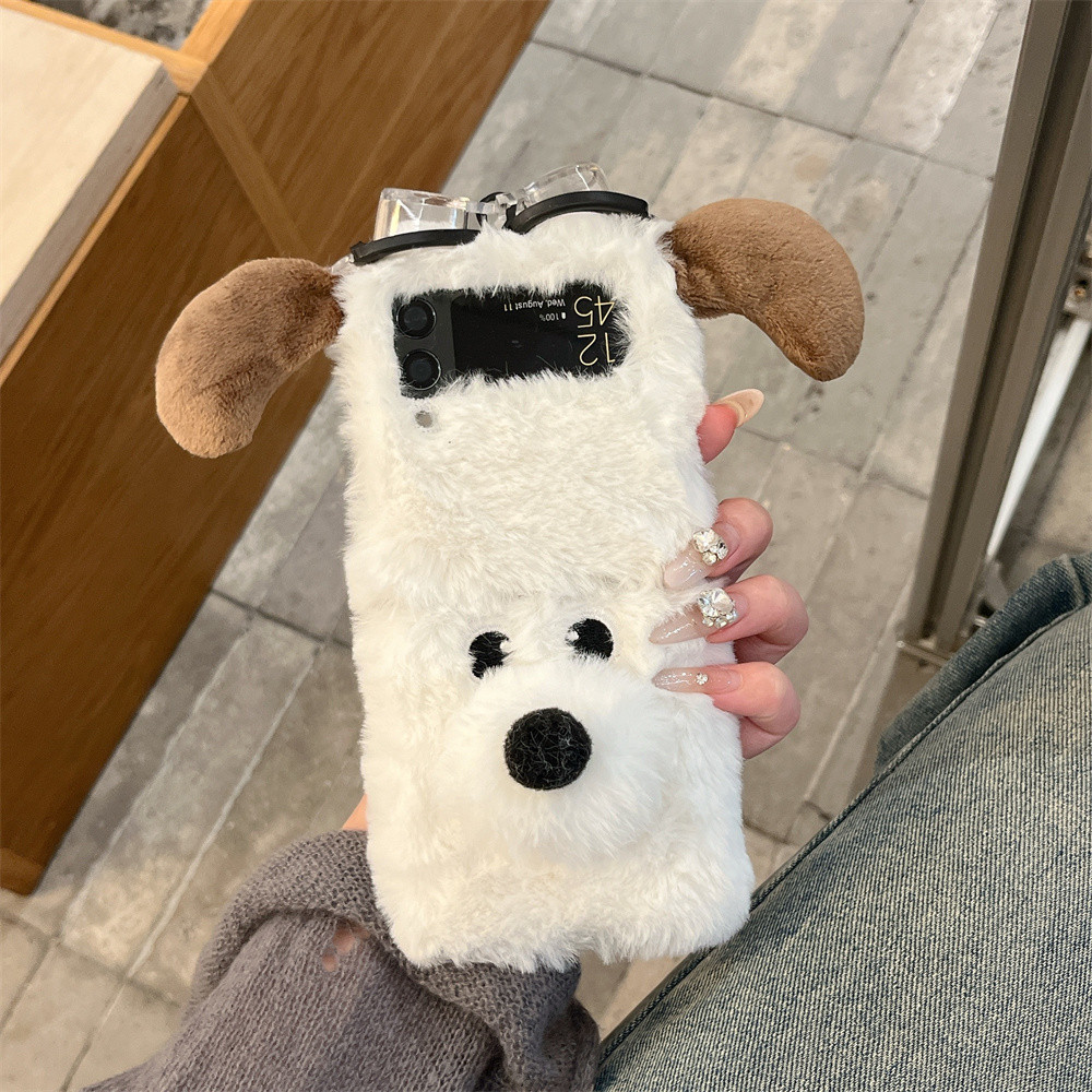 SAMSUNG 3dน่ารักตุ๊กตาสุนัขfluffyสําหรับsamsung Z Flip 3 4 5 6 Galaxy Flip5 Z Flip6 Z Flip4 กรณีกันกระแทกฤดูหนาวPlushขนสัตว์ซิลิโคนนุ่มปกหลัง