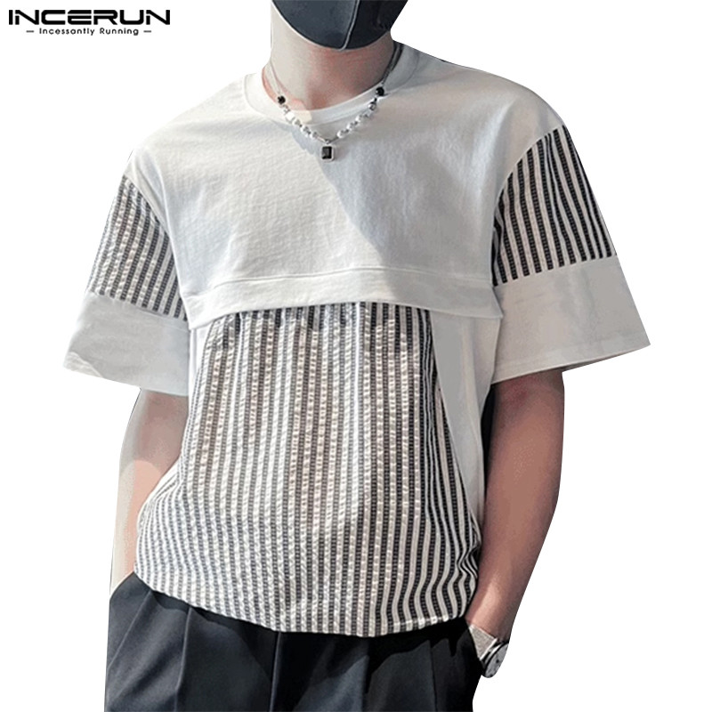 ไม่แน่นอน ผู้ชายเกาหลีลําลองคอกลมลายพัฟแขนสั้นเสื้อยืด